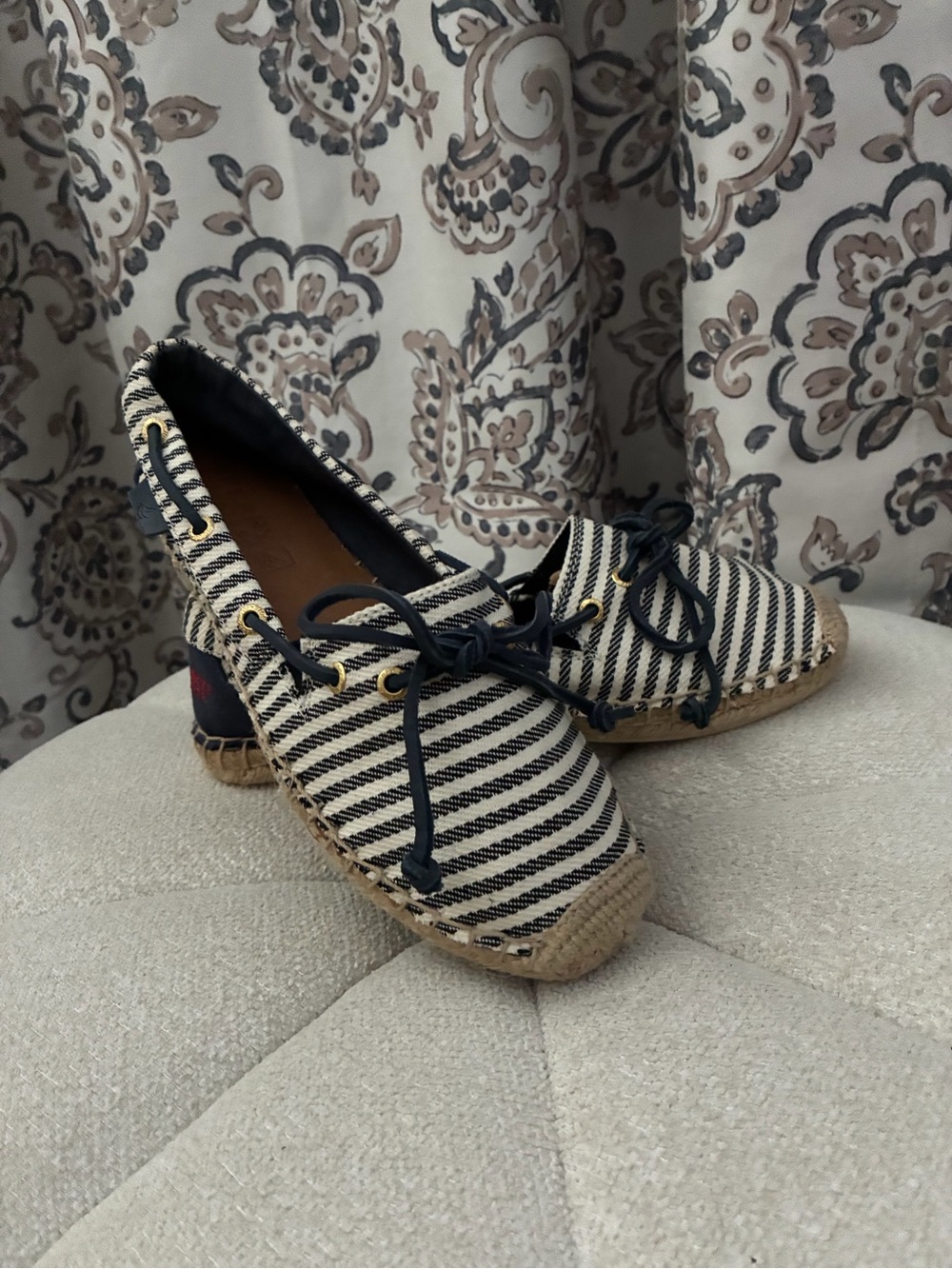 Sperry Striped Lace-Up Espadrille Flats in Navy and White